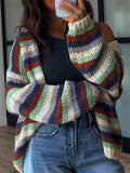 Chunky Striped Knit Cardigan with Balloon Sleeves - Dark
