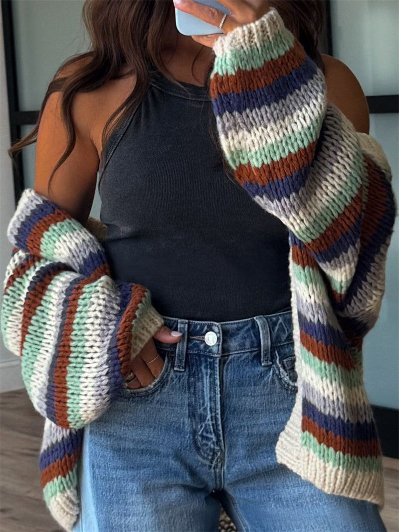 Chunky Striped Knit Cardigan with Balloon Sleeves - Dark - 1
