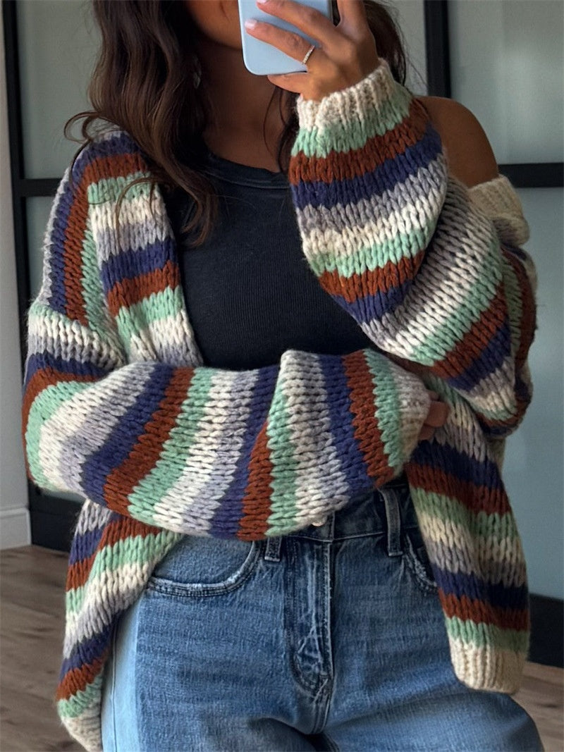 Chunky Striped Knit Cardigan with Balloon Sleeves - Dark - 2