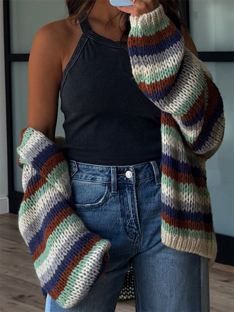 Chunky Striped Knit Cardigan with Balloon Sleeves - Dark - 4