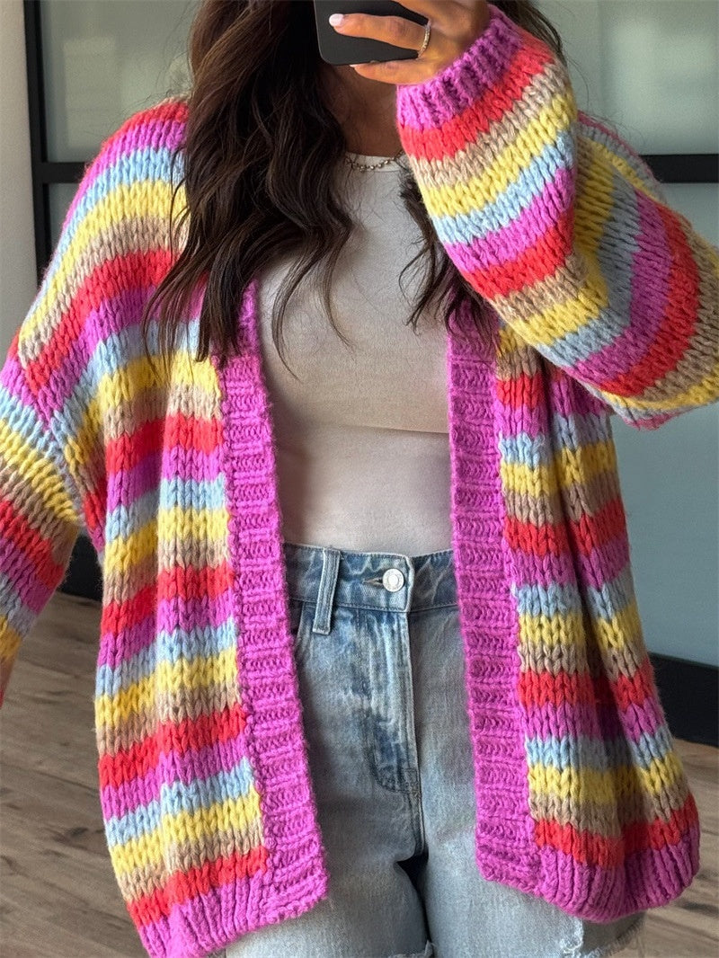 Chunky Striped Knit Cardigan with Balloon Sleeves - Rainbow
