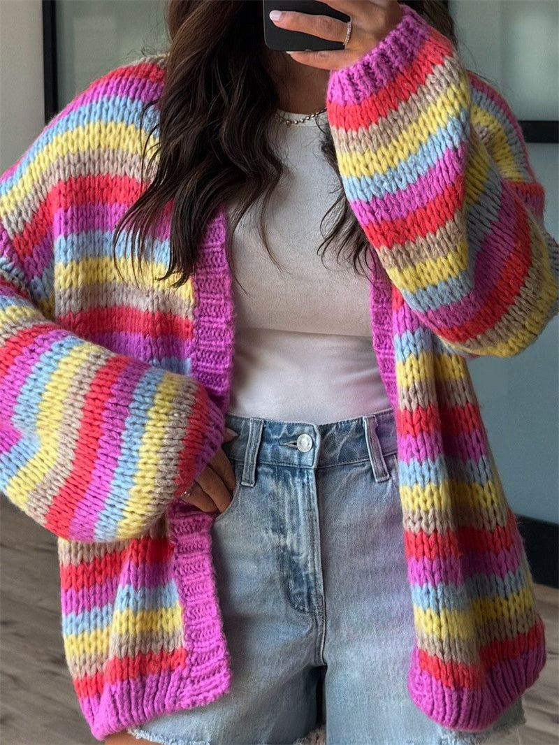 Chunky Striped Knit Cardigan with Balloon Sleeves - Rainbow - 1