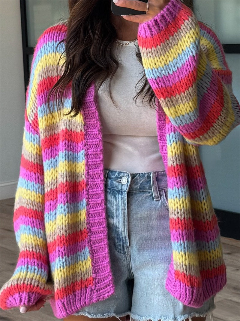 Chunky Striped Knit Cardigan with Balloon Sleeves - Rainbow - 2