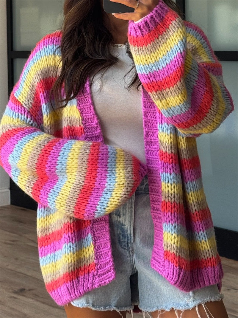 Chunky Striped Knit Cardigan with Balloon Sleeves - Rainbow - 3