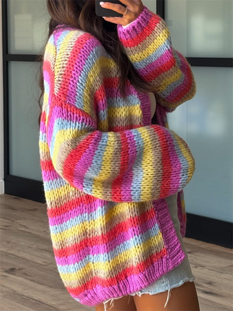 Chunky Striped Knit Cardigan with Balloon Sleeves - Rainbow - 4