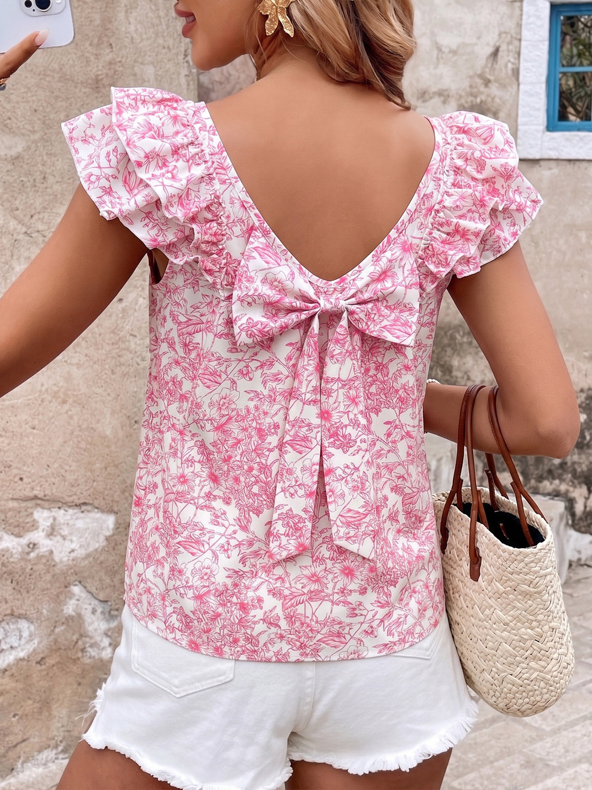 Floral Ruffle Sleeve Bow Back Blouse - Pink