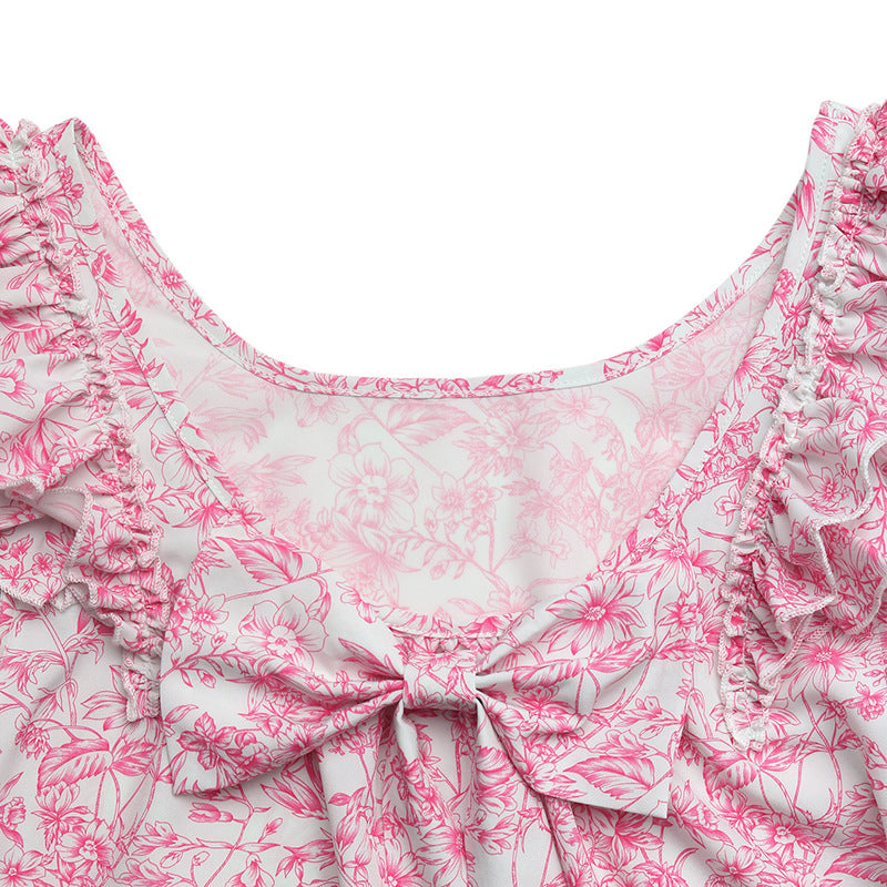 Floral Ruffle Sleeve Bow Back Blouse - Pink - 3