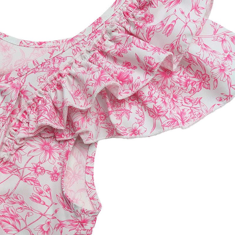 Floral Ruffle Sleeve Bow Back Blouse - Pink - 4