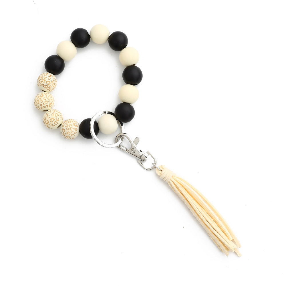 Wooden Bead Bangle Keychain With Tassel - Beige