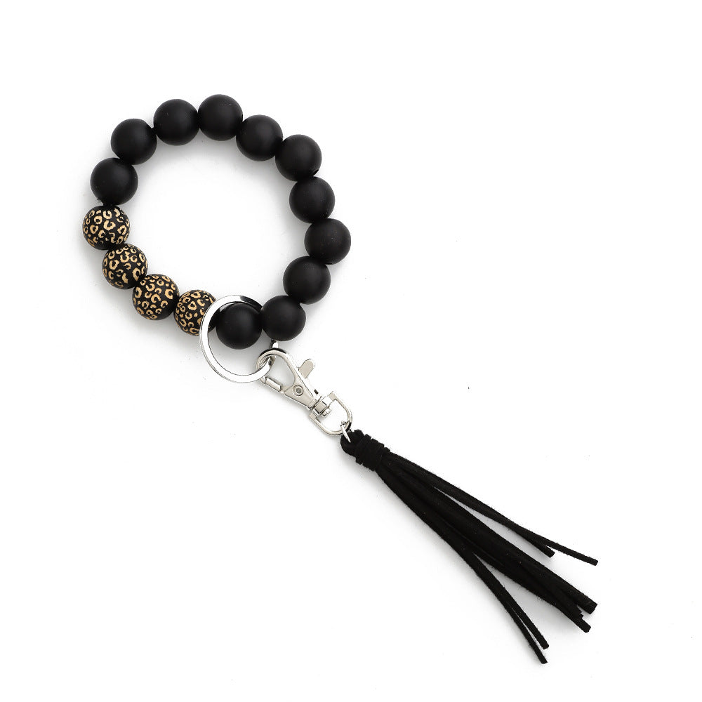Wooden Bead Bangle Keychain With Tassel - Black