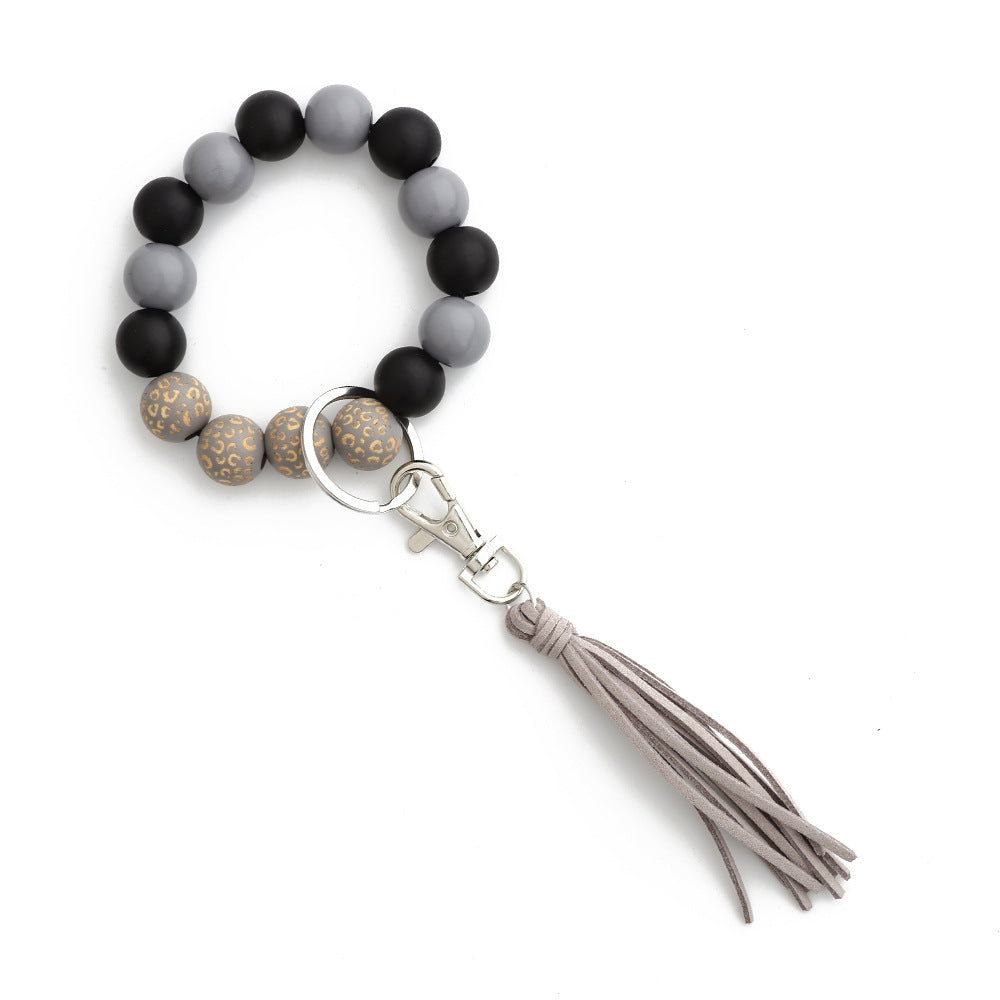 Wooden Bead Bangle Keychain With Tassel - Grey