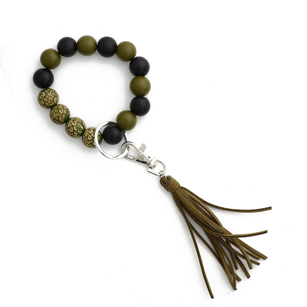 Wooden Bead Bangle Keychain With Tassel - Olive