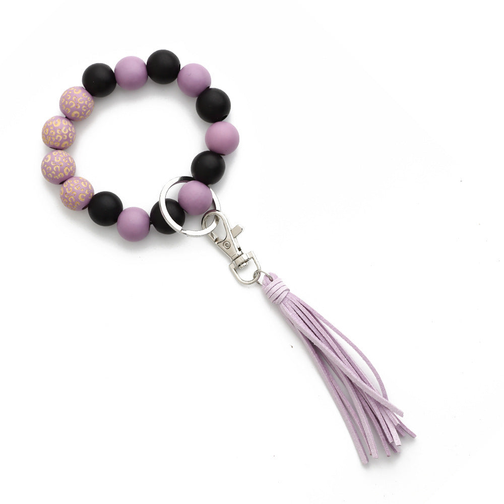 Wooden Bead Bangle Keychain With Tassel - Purple