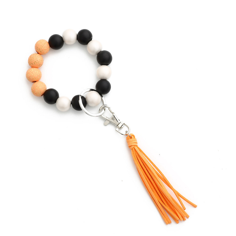 Wooden Bead Bangle Keychain With Tassel - Yellow