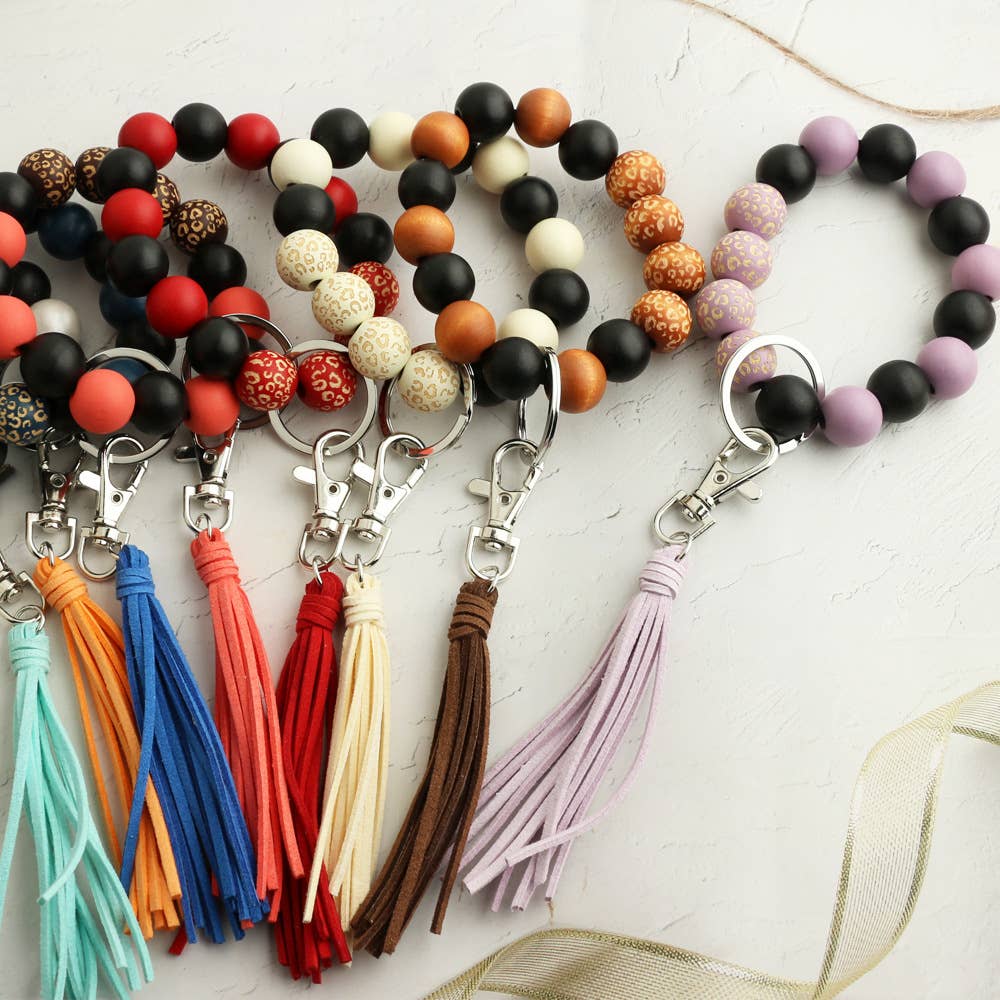 Wooden Bead Bangle Keychain With Tassel