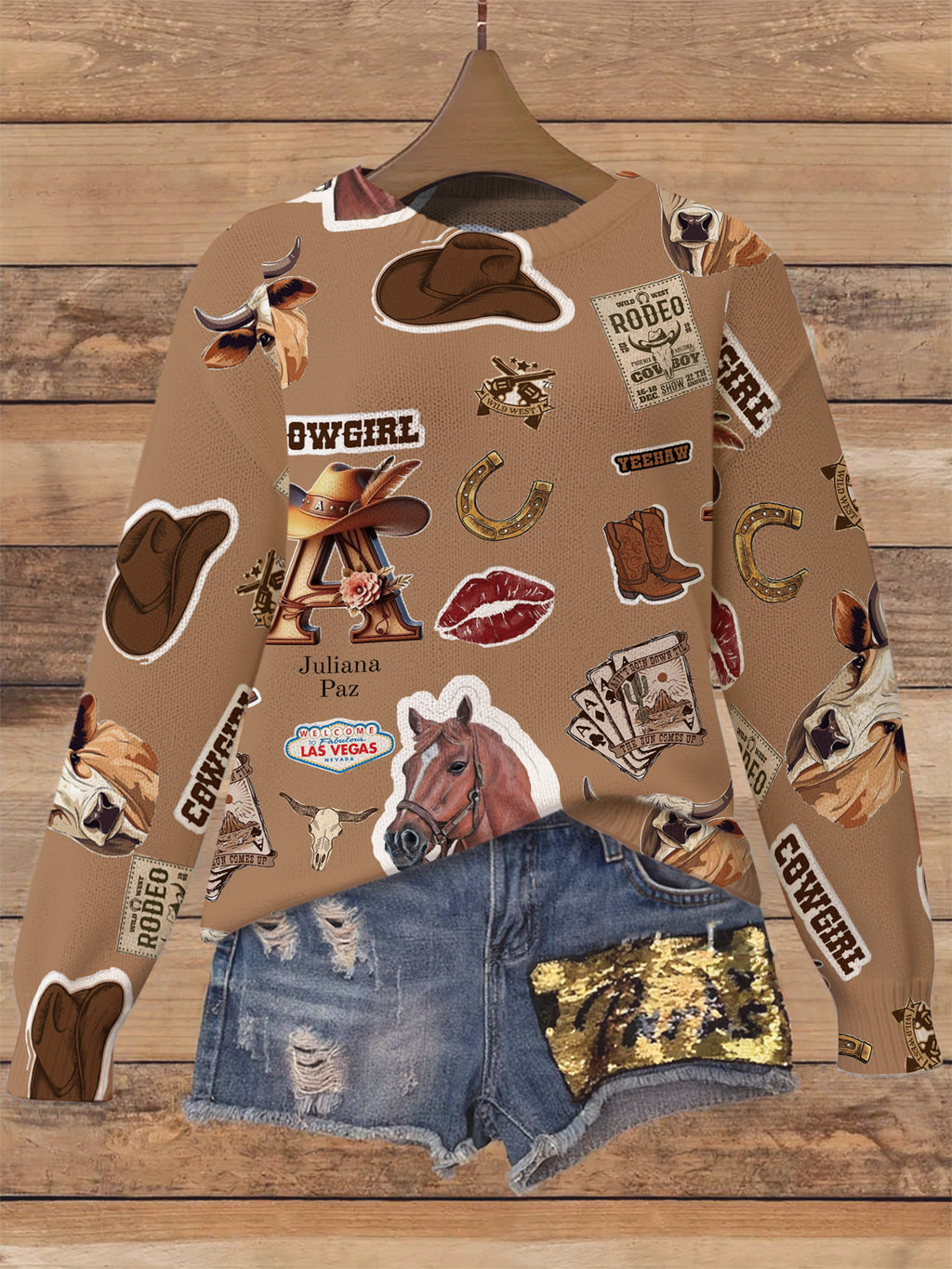 Rodeo Ranch Print Crew Neck Sweater - Western