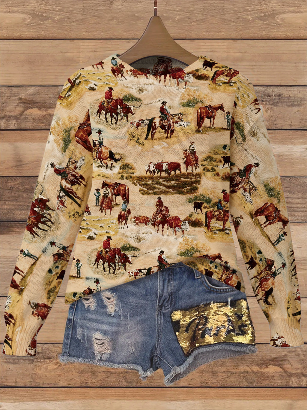 Rodeo Ranch Print Crew Neck Sweater - cowboy