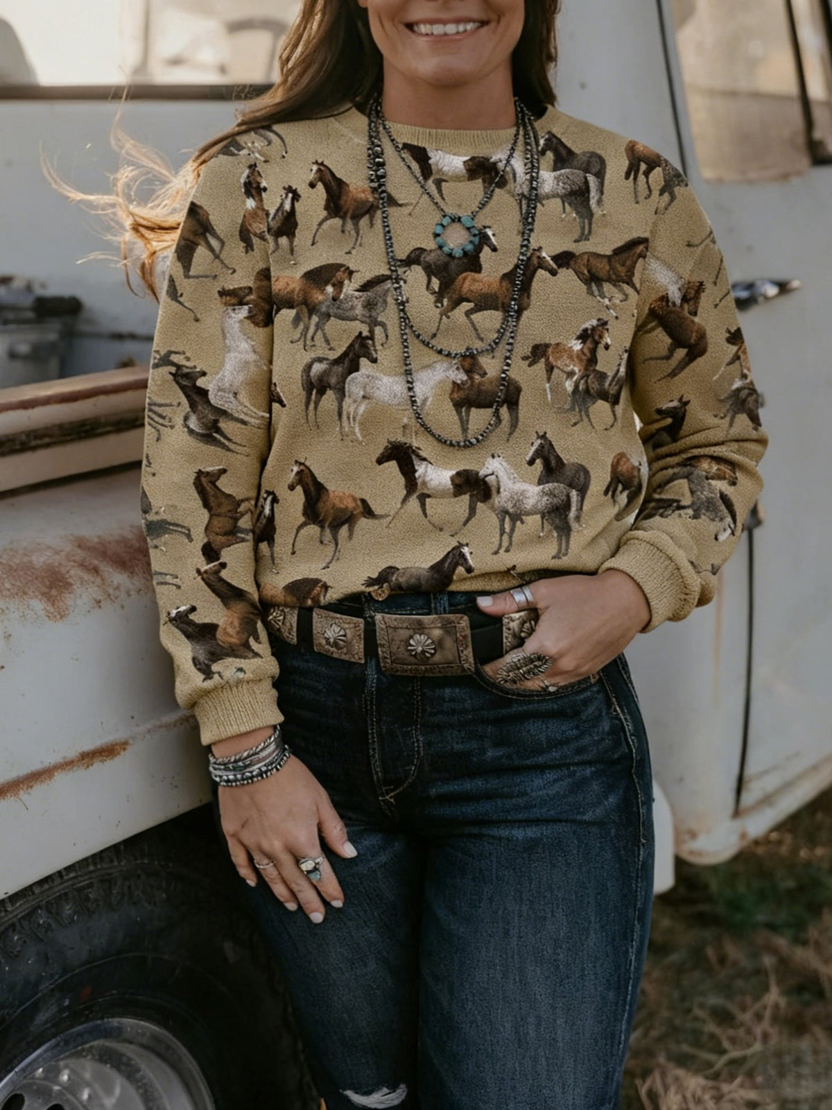 Rodeo Ranch Print Crew Neck Sweater - horse - 1