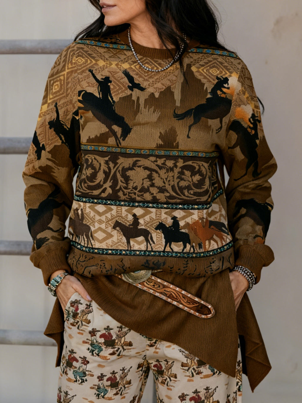 Rodeo Ranch Print Crew Neck Sweater - rodeo01