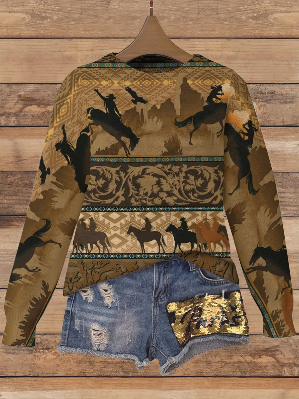 Rodeo Ranch Print Crew Neck Sweater - rodeo01 - 1