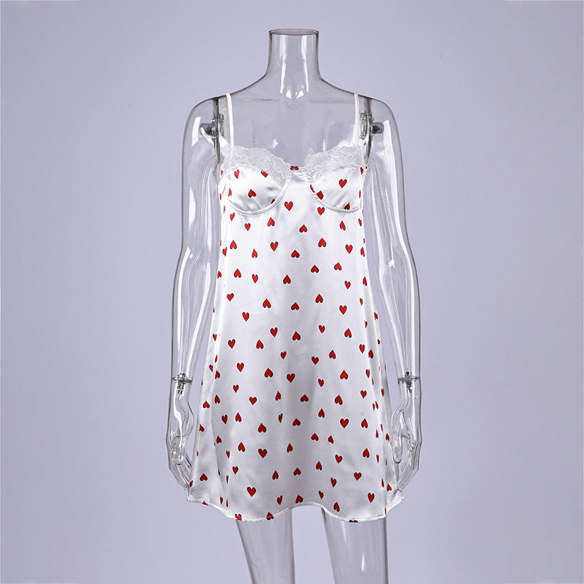 Heart Print Satin Lace Trim Nightgown - White - 2