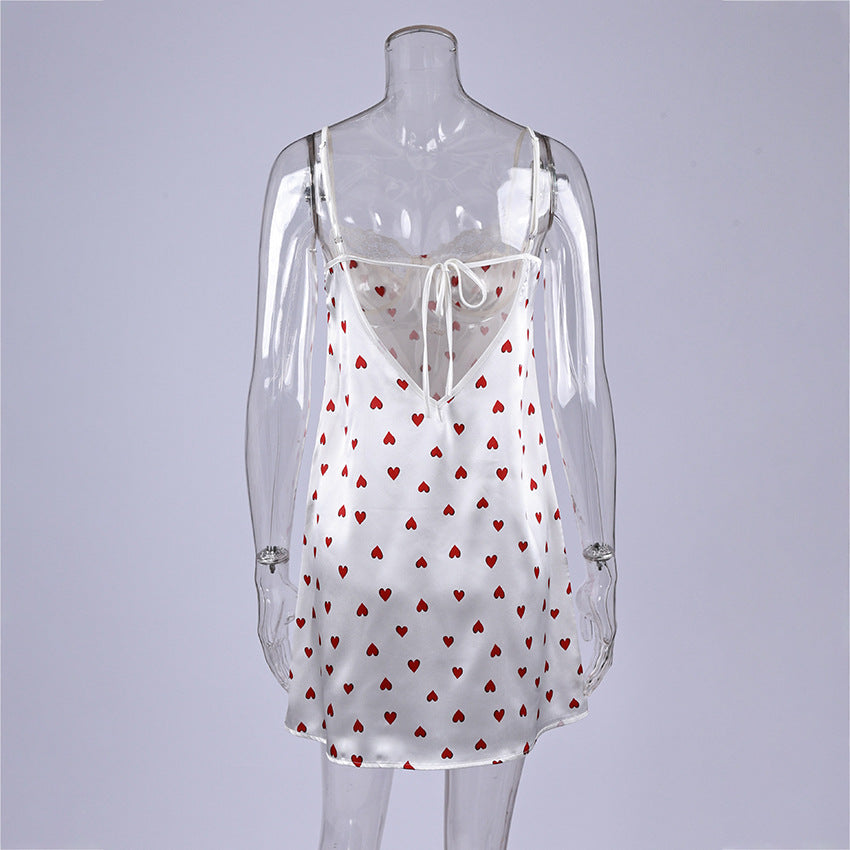 Heart Print Satin Lace Trim Nightgown - White - 4