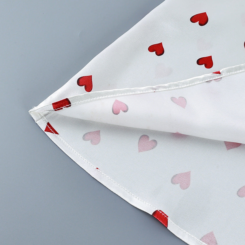 Heart Print Satin Lace Trim Nightgown - White - 7