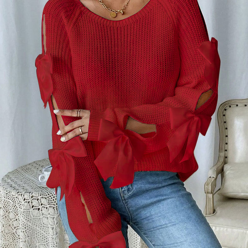 Bow Tie Cold Shoulder Cutout Knit Sweater - Red