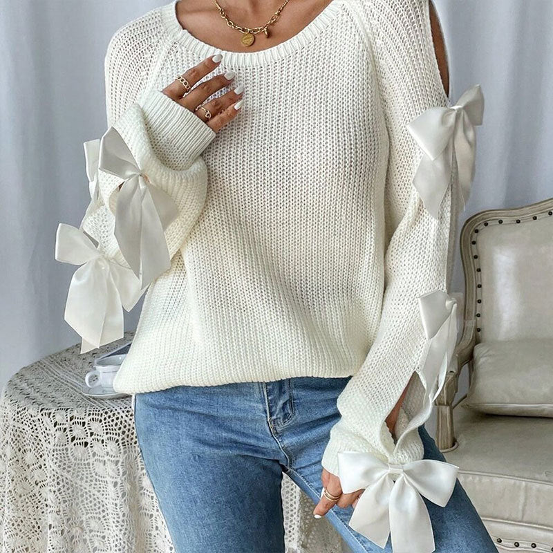 Bow Tie Cold Shoulder Cutout Knit Sweater - White