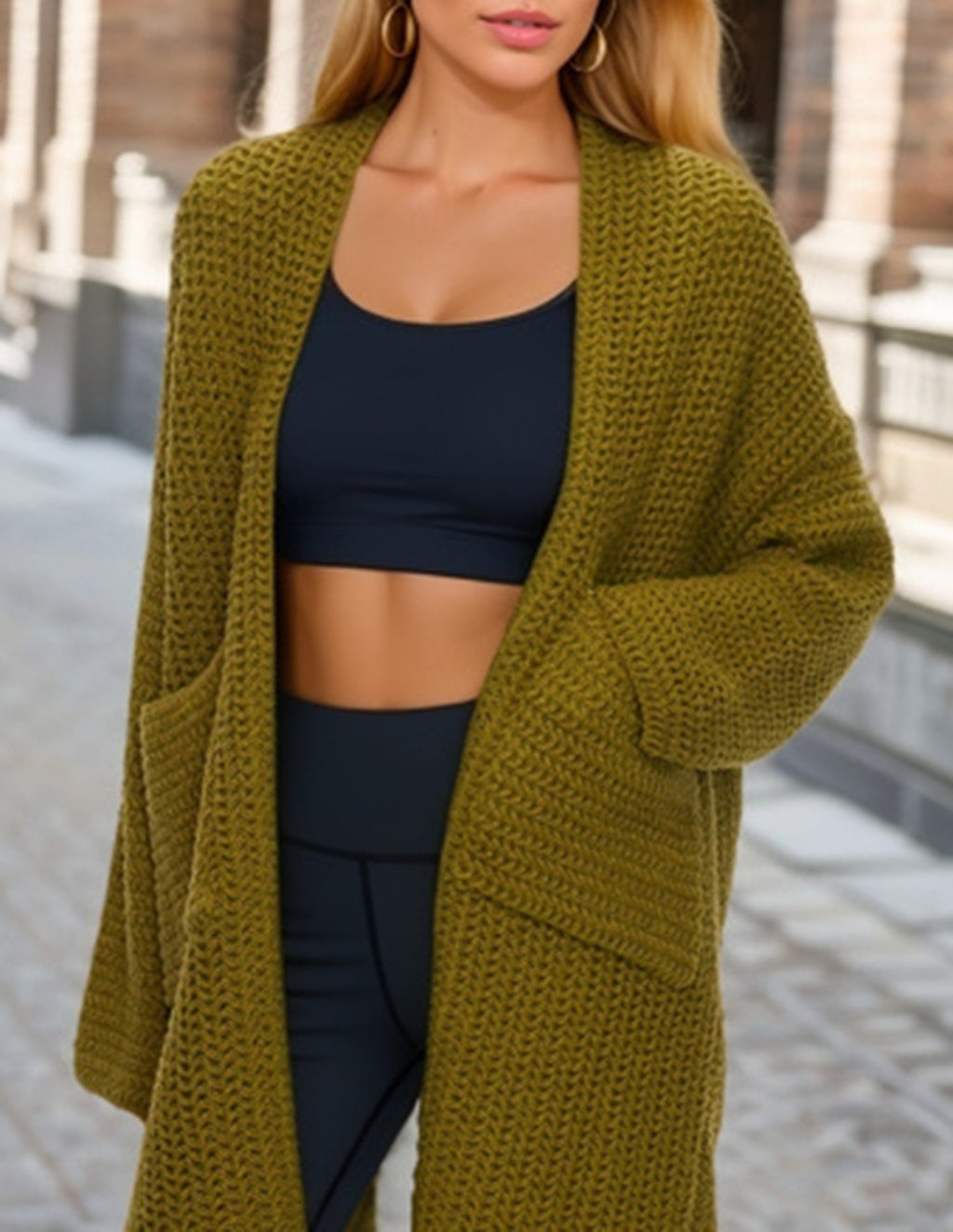Chunky Waffle Knit Patch Pocket Long Cardigan - Green - 4
