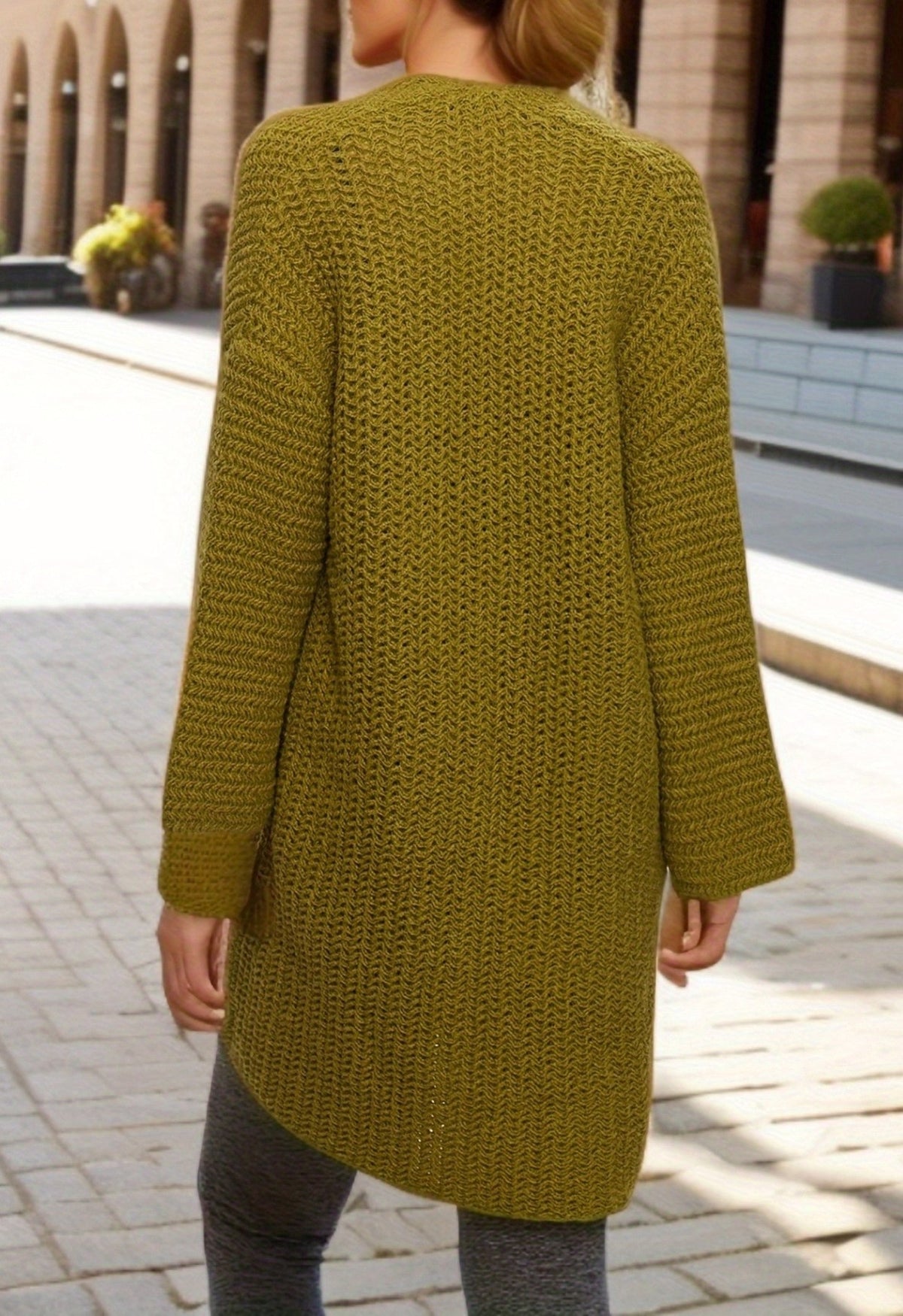 Chunky Waffle Knit Patch Pocket Long Cardigan - Green - 7