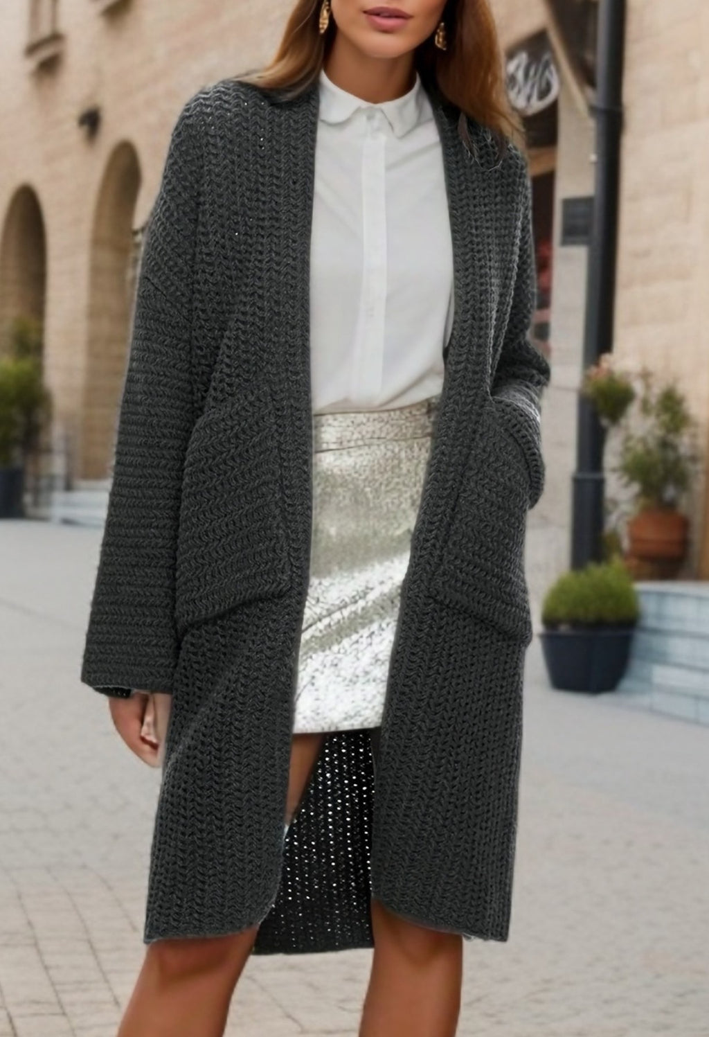 Chunky Waffle Knit Patch Pocket Long Cardigan - Grey - 2
