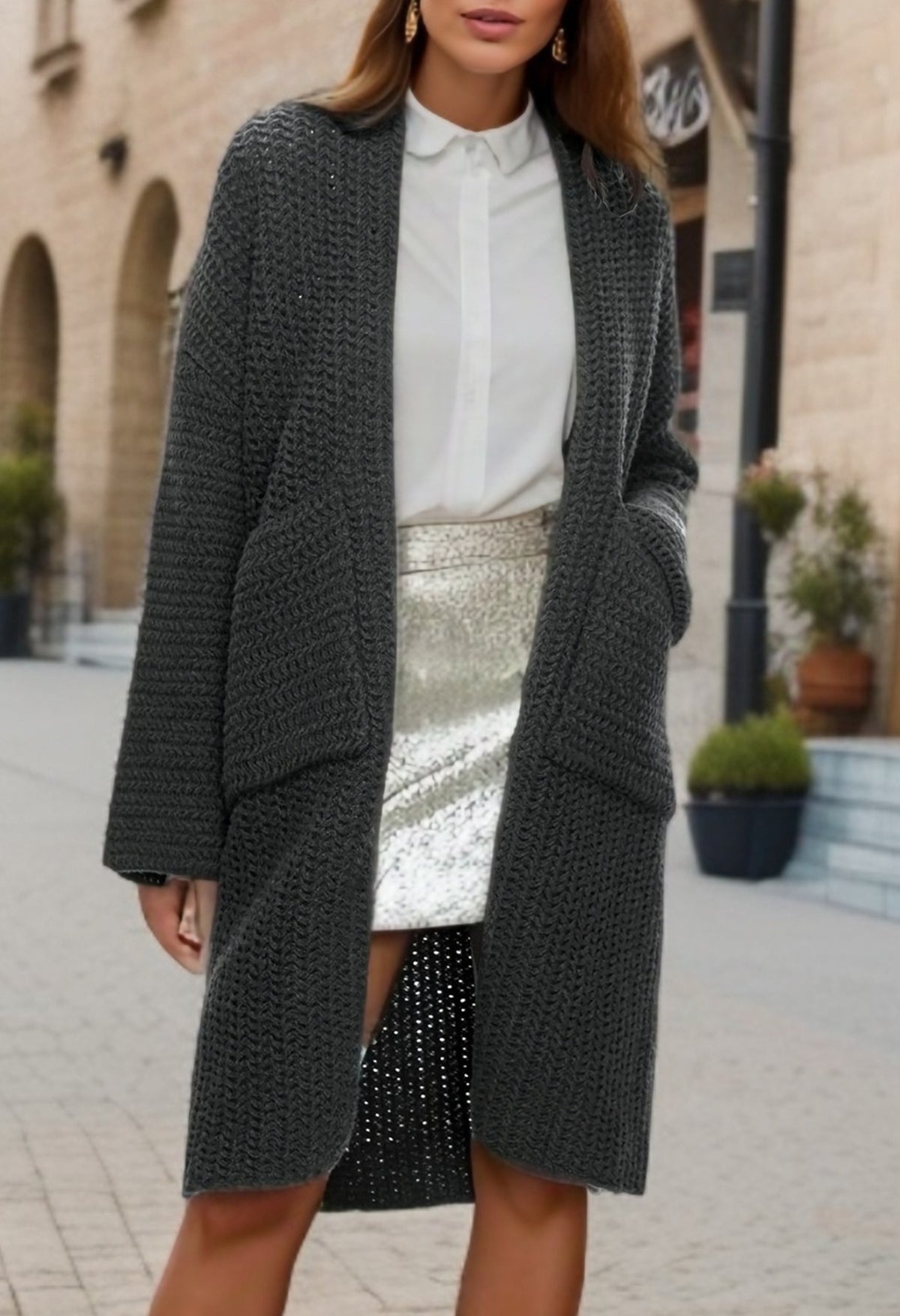 Chunky Waffle Knit Patch Pocket Long Cardigan - Grey - 2