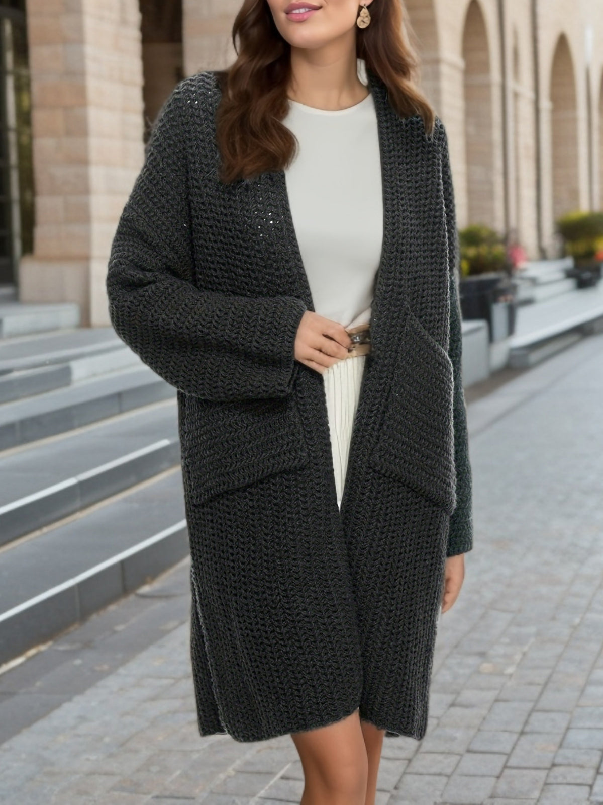 Chunky Waffle Knit Patch Pocket Long Cardigan - Grey - 3