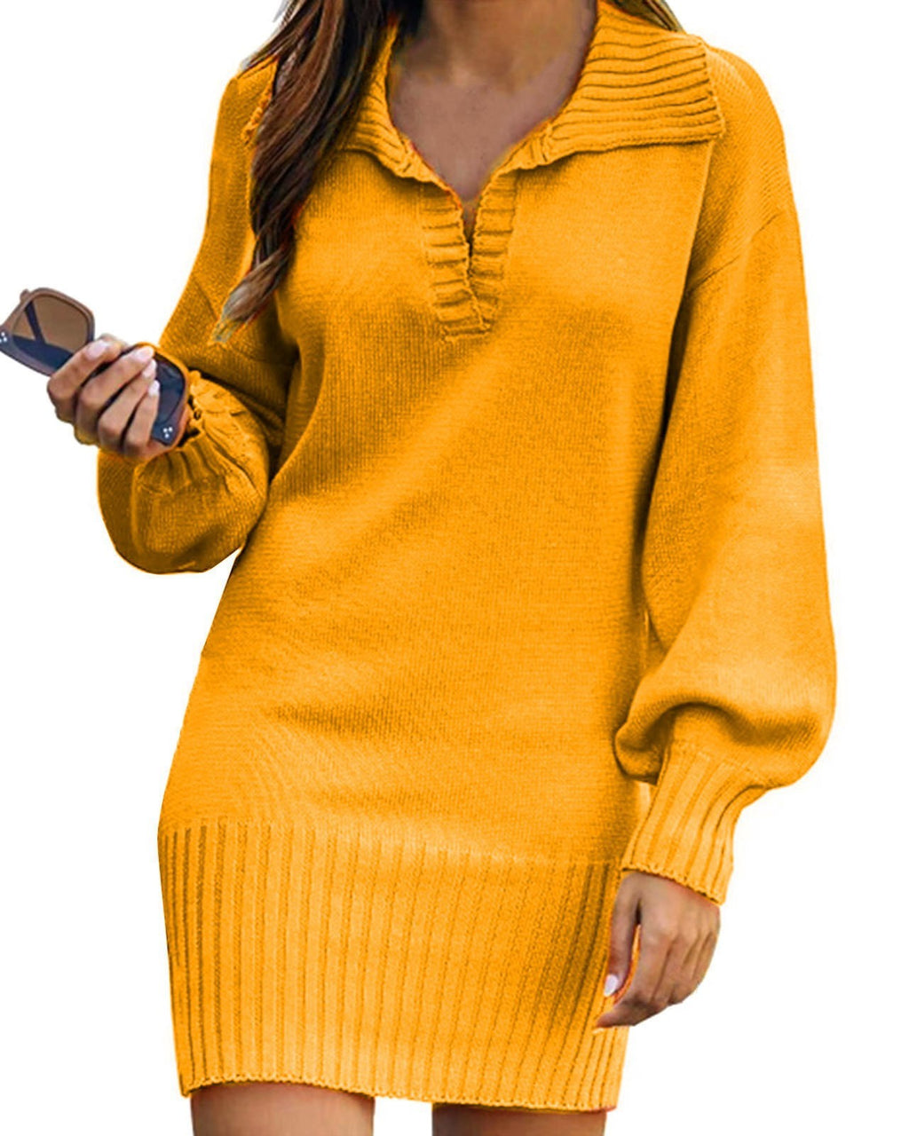 Collared Lantern Sleeve Long Knit Sweater - Ginger