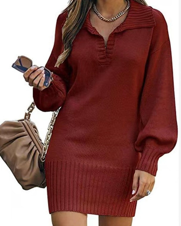 Collared Lantern Sleeve Long Knit Sweater - Jujube-Red