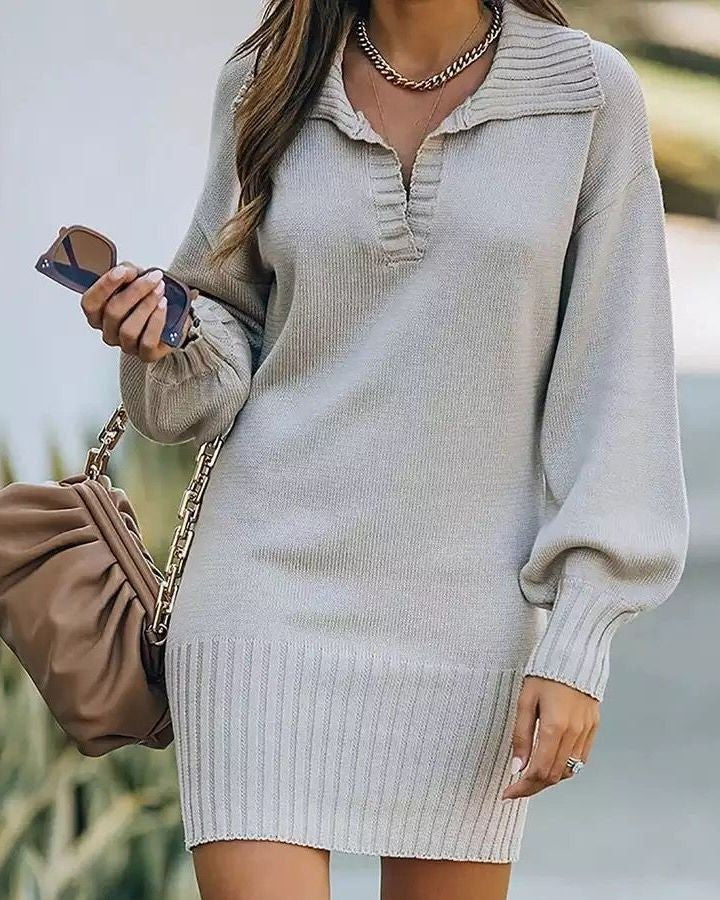 Collared Lantern Sleeve Long Knit Sweater - Light-Gray