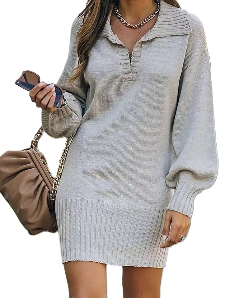 Collared Lantern Sleeve Long Knit Sweater - Light-Gray - 1