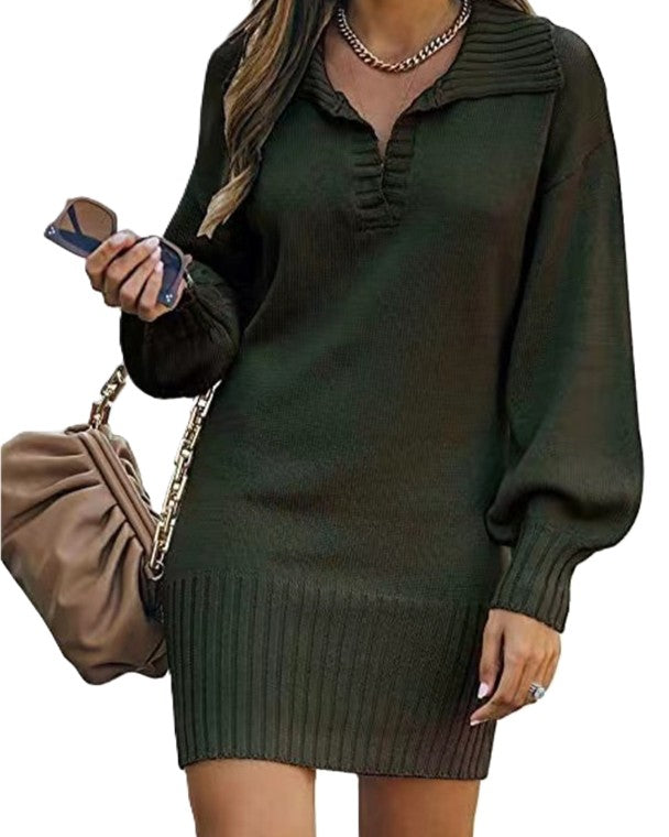 Collared Lantern Sleeve Long Knit Sweater - MGreen