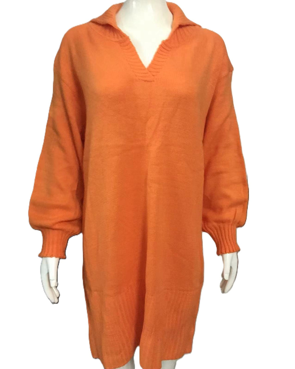 Collared Lantern Sleeve Long Knit Sweater - Orange