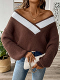 Contrast Trim Deep V-Neck Sweater - Coffee