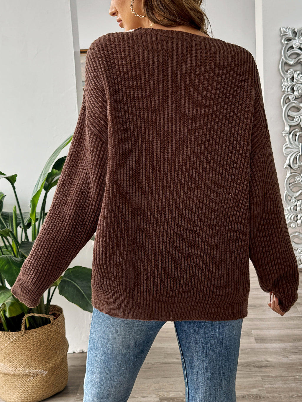 Contrast Trim Deep V-Neck Sweater - Coffee - 5