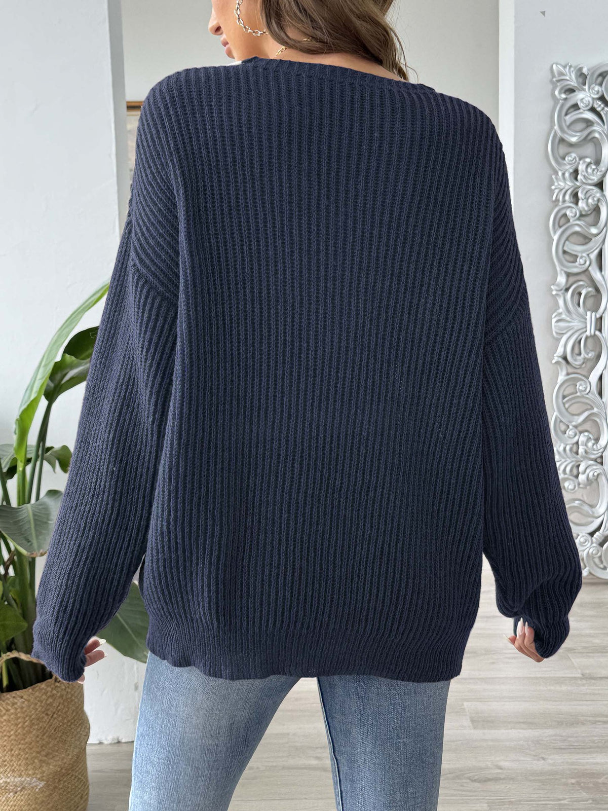 Contrast Trim Deep V-Neck Sweater - Navy - 4