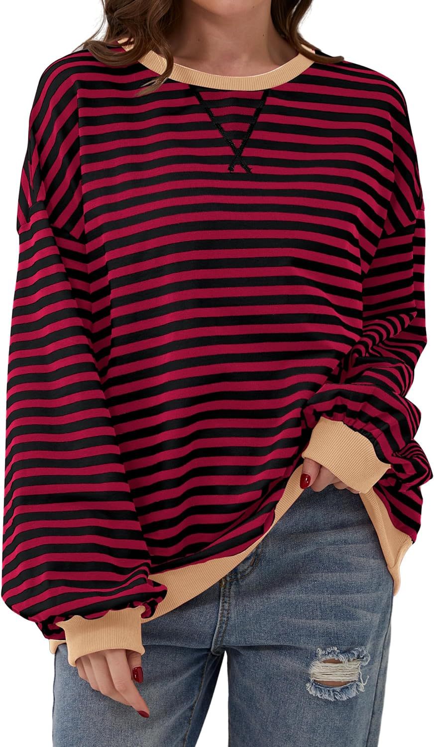Retro Stripe Drop Shoulder Pullover Sweatshirt - Black Red