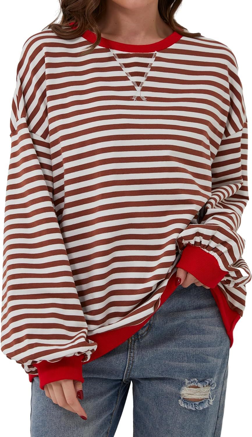 Retro Stripe Drop Shoulder Pullover Sweatshirt - Coffee