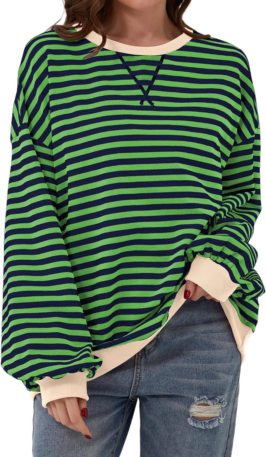 Retro Stripe Drop Shoulder Pullover Sweatshirt - Green