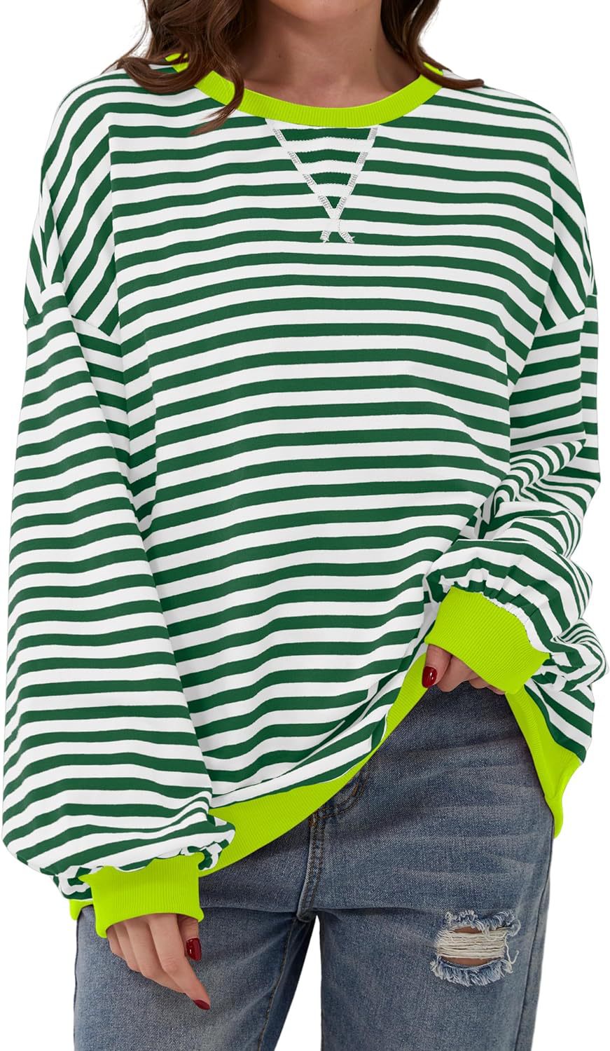 Retro Stripe Drop Shoulder Pullover Sweatshirt - Green_WG