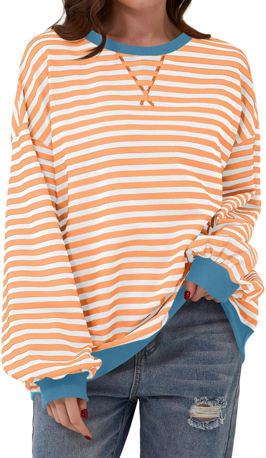 Retro Stripe Drop Shoulder Pullover Sweatshirt - Orange
