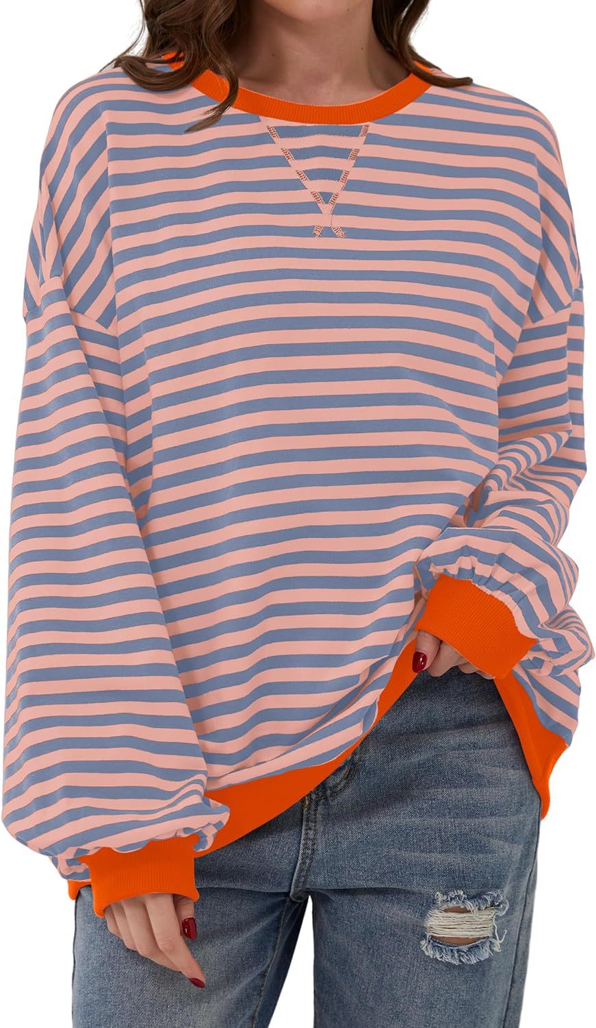Retro Stripe Drop Shoulder Pullover Sweatshirt - Orange_BG
