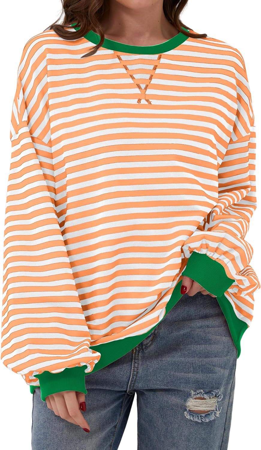 Retro Stripe Drop Shoulder Pullover Sweatshirt - Orange_G